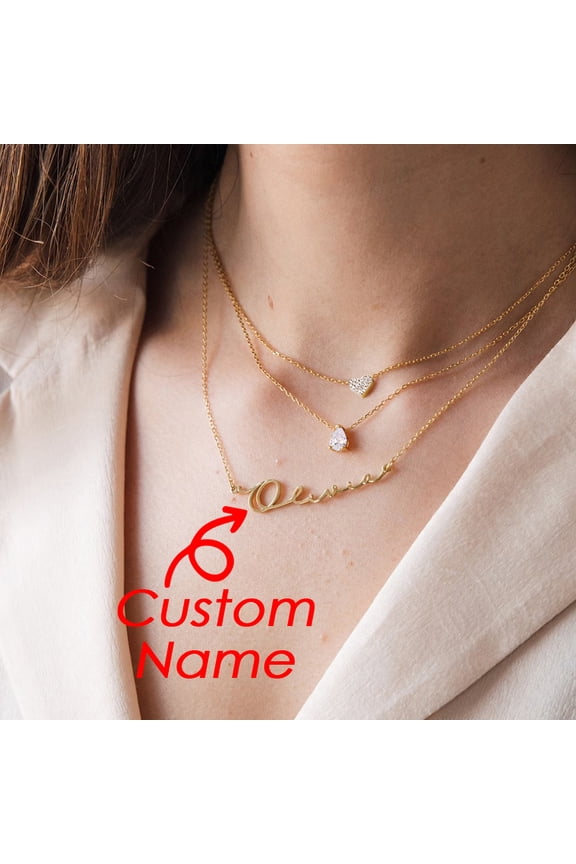 Custom Layered Name Necklace 14K White Gold Teardrop Zirconia Pendant Personalized Crystal Monogrammed Accessory