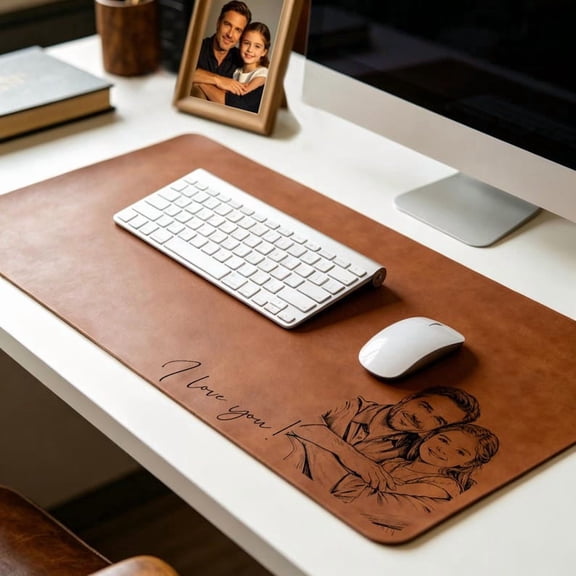 Custom Leather Desk Mat for Father, Personalized Daddy Picture Office Decor