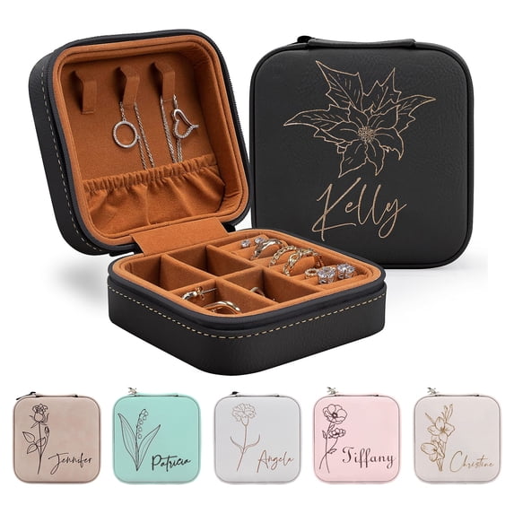 Custom Leather Jewelry Box with Name and Birth Flower Month, Personalized Jewelry Travel Case Ring Box Birthday Chirstmas Customizable Gifts for Women - Black, December