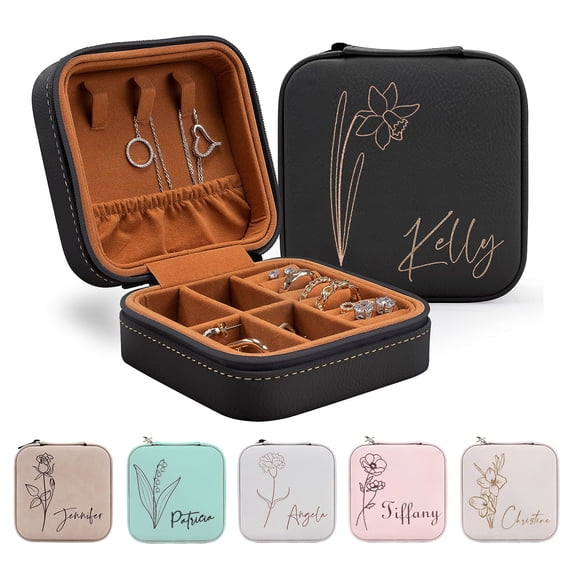 Custom Leather Jewelry Box with Name and Birth Flower Month, Personalized Jewelry Travel Case Ring Box Birthday Chirstmas Customizable Gifts for Women - Black, March