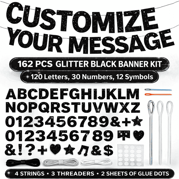 Custom Letter Banner Kit, 162 PCS Glitter Black Alphabet AZ (120), Numbers 09 (30) & Symbols (12), DIY Hanging Banner Set with 4 Strings, 3 Threaders & 2 Sheets Glue Dots for Birthday Graduation We