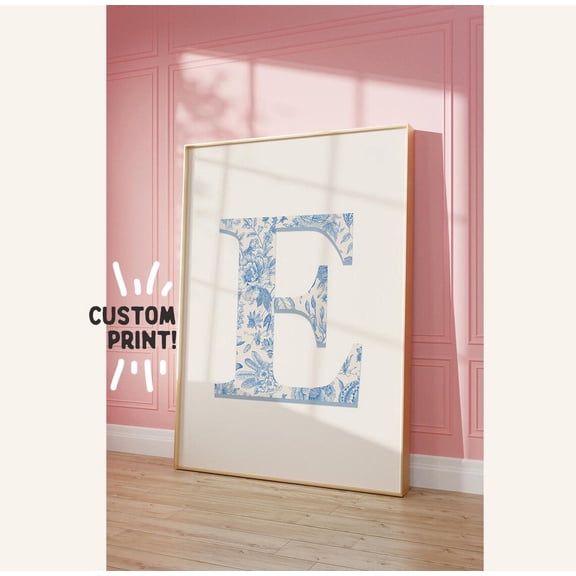 Custom Letter Blue Monogram Personalised Dorm Wall Art Room Decor Unframed Paper Print