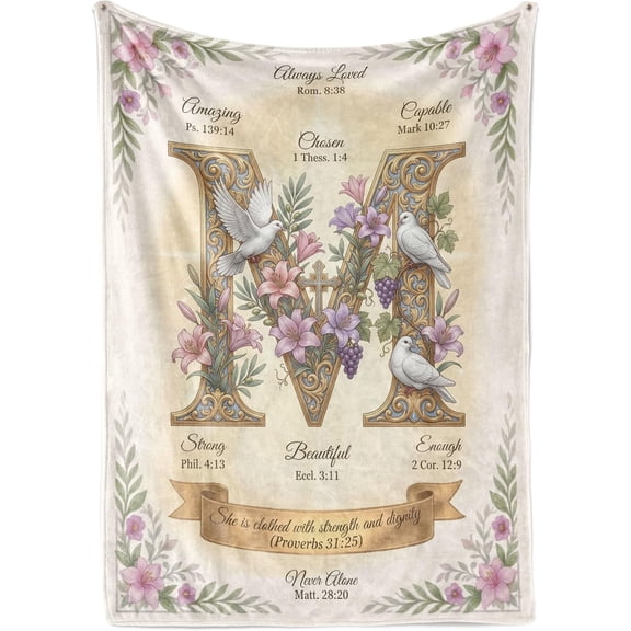Custom Letter M Monogram Religious Throw Blanket with Proverbs 31 25 Bible Verse and Floral Dove Design Soft Plush Fleece for Christian Women Gifts