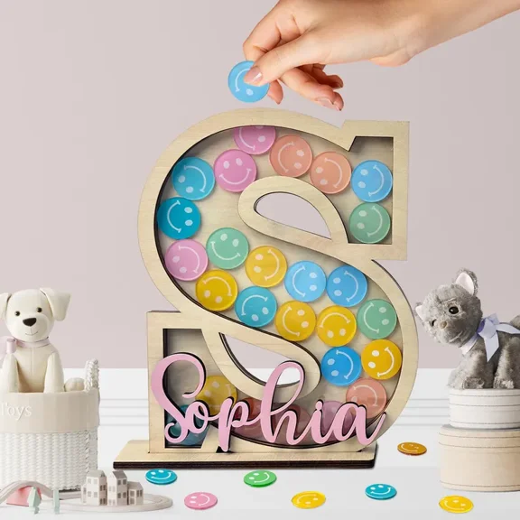 Custom Letter Reward Jar for Kids, Wooden Behavior Incentive Jar with Smiley Tokens, Personalized Name Coin Holder, Toddler Motivation Tool for Home or Classroom
