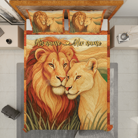 Custom Lion Couple Quilt Bedding Set - King & Queen of the Jungle - Anniversary, Wedding, Valentine's Day Gift