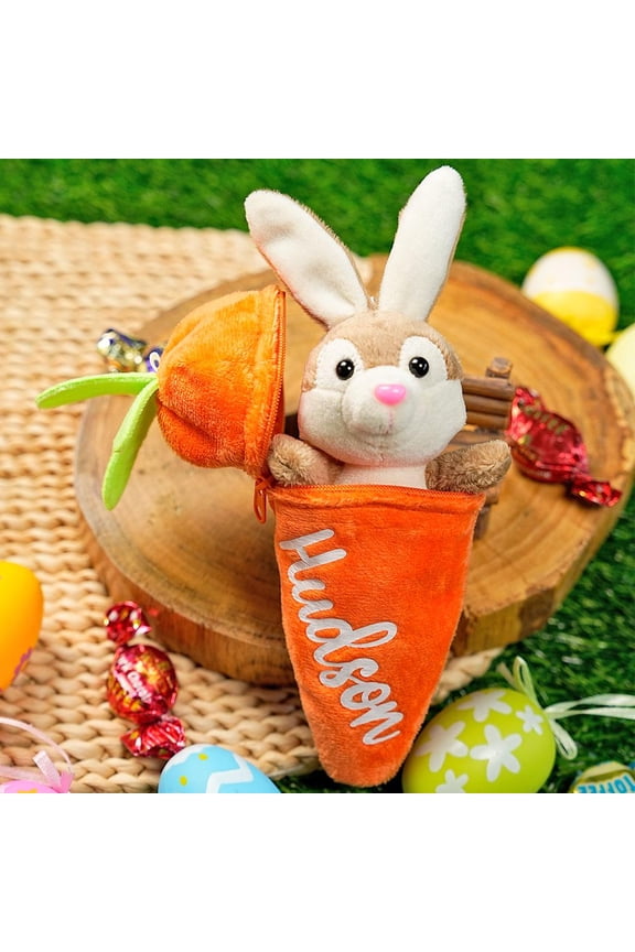 Custom Little Bunny Hiding in A Zip-Up Carrot - Cotton Stuffed Accessory with Name and Keychain