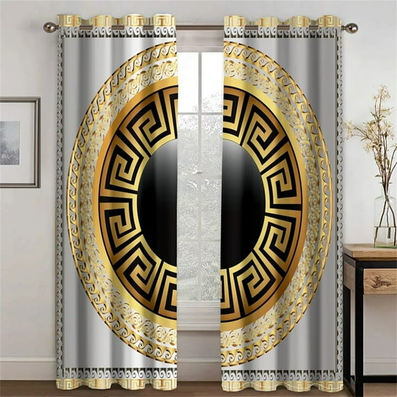Custom Logo Designer Black Gold 2 Pieces Thin Window Drape Curtain for Living Room Bedroom Decor