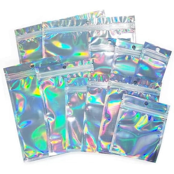 Custom Logo Zipper One Side Holographic Rainbow Color One Side Clear Sealed Mylar Food Packaging with Round Hole Zip Lock Bags