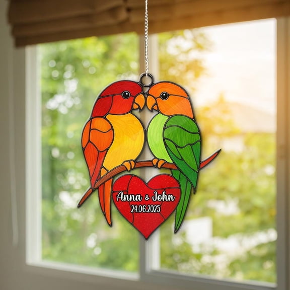 Custom Love Birds Anniversary Acrylic Suncatcher, Personalized Date Window Hanging, Romantic Couple Gift, Wedding Keepsake