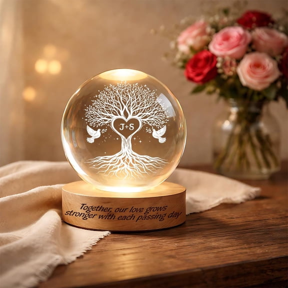 Custom Love Tree LED Crystall Ball Night Light, Personalized Couples Gift with Names, Romantic Heart Lamp, Anniversary Gift for Him & Her