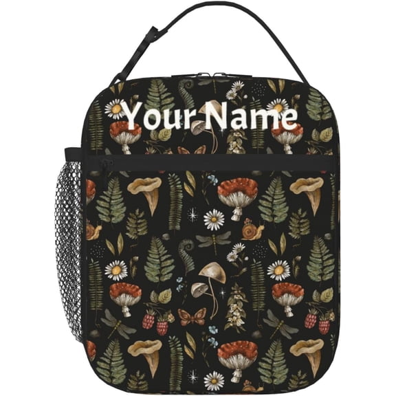 Custom Lunch Bag With Name Vintage Magic Mushroom Personalized Insulated Box Customized Food Tote Container Side Pocket for Work Picnic Hiking Daytrip Women Men Over 3 Years Old