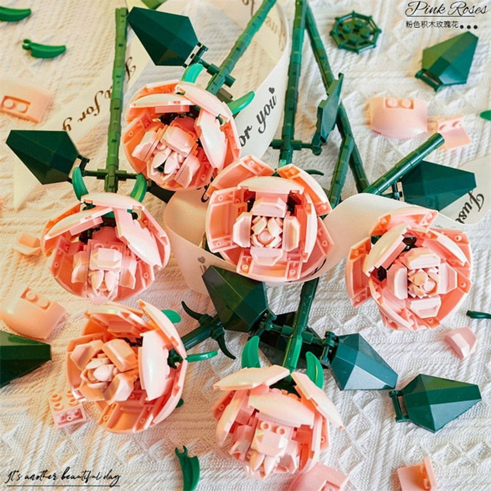 MOC NON LEGO Building Blocks Flowers Pink Roses DIY Flower Pot Model