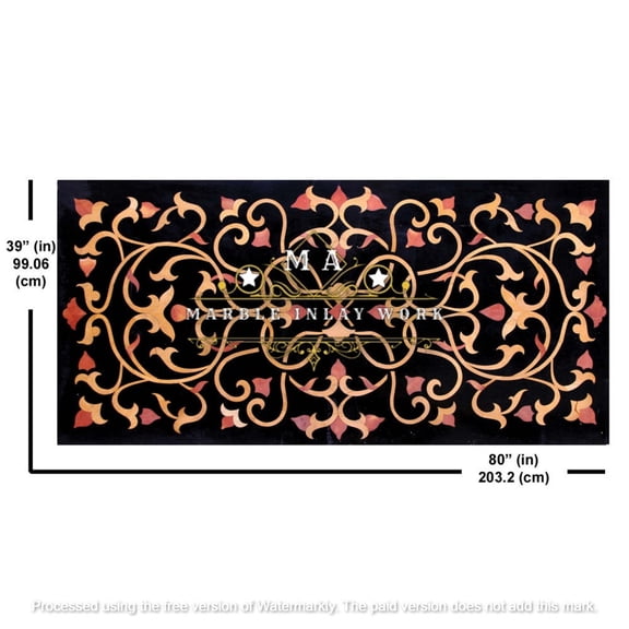 Custom Made Black Marble Dining Table Top with Pietra Dura Inlay Design | Handcrafted Inlay Dining Table Top for Elegant Interiors-48x84 Inch