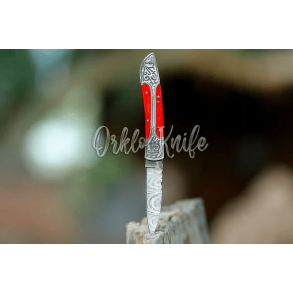 Custom Made Damascus Engraved Steel Folding Pocket Knife With Genuine Cow Leather Sheath and Red Dollar Sheet Handle