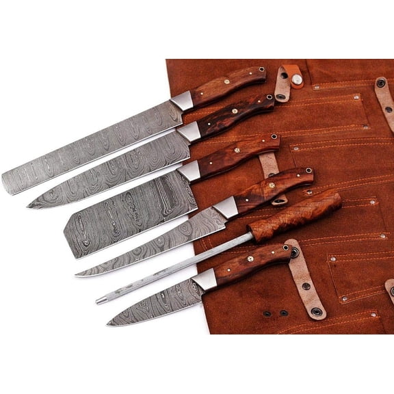 Custom Made Damascus Steel 6 Pcs of Professional Utility Kitchen knives Set Comes with Sweet Leather Roll Kit (3712)