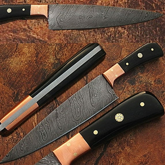 Custom Made Damascus Steel Chef Knife Buffalo Horn Handle Copper 1