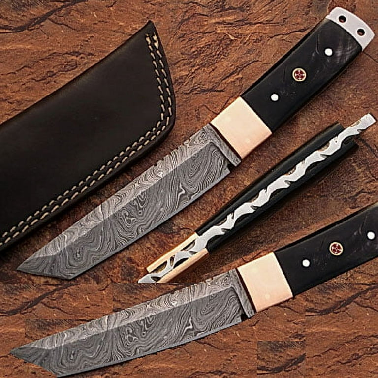 Custom Handmade Damascus Steel Gut Hook Knife With Buffalo Horn Handle +  Sheath