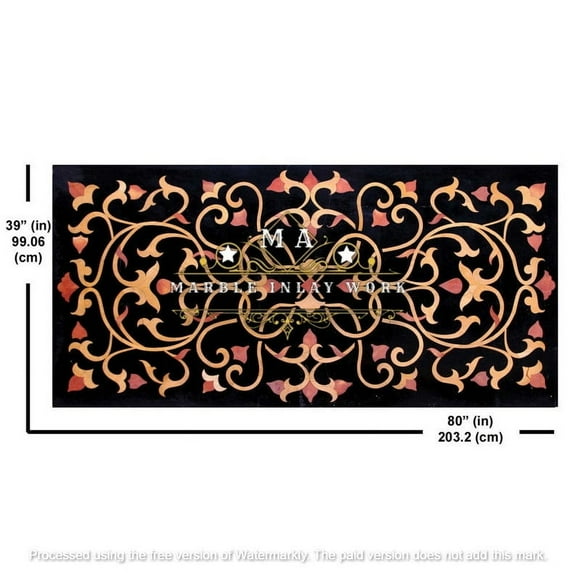 Custom Made Pietra Dura Design Dining Table Top Black Marble Inlay for Elegant Dining Spaces, Available for 6, 8, 10, or 12 Seats