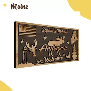 Custom Maine State Welcome Wall Art, Personalized Family Name Sign