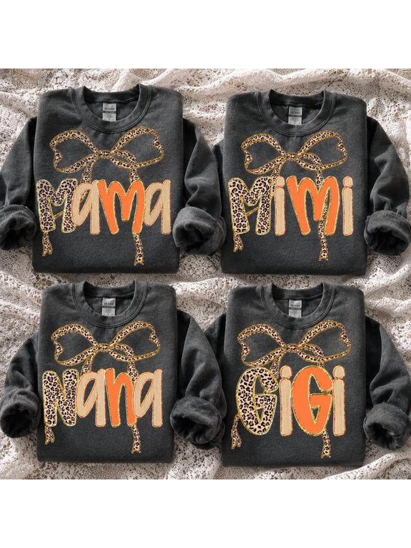Custom Mama Mimi Nana Gigi Sweatshirt, Personalized Leopard Bow Family Crewneck, DARK HEATHER Coquette Pullover, Grandma Mom Family Gift, Cute Fall Sweatshirt