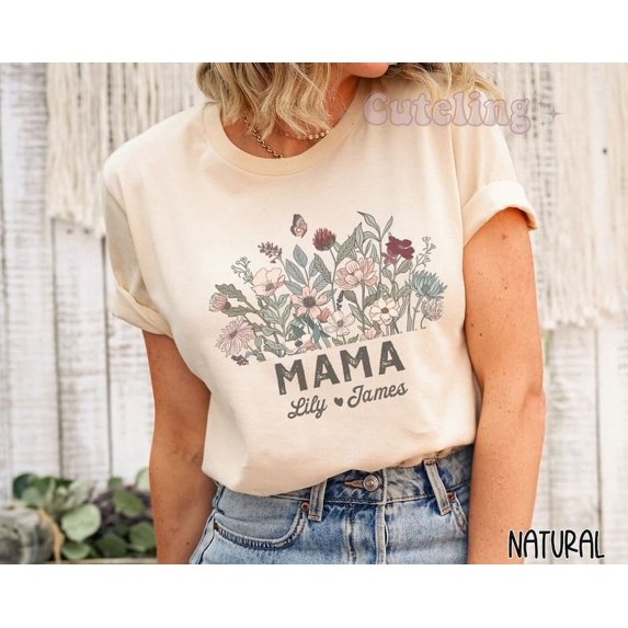 Custom Mama T-Shirt with Kids' Names, Personalized Mom Shirt, Mother’s Day Gift, Plus Size Mama Tee