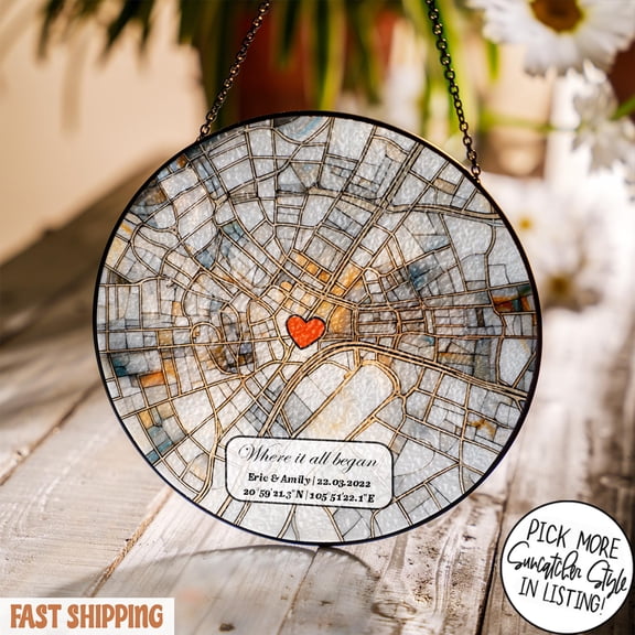 Custom Map Personalized Location Acrylic Suncatcher Window Decor Anniversary Valentine Gift