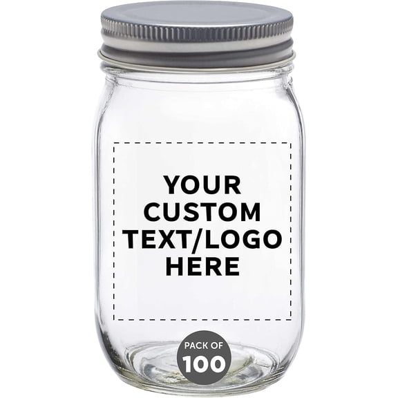 Custom Mason Jars with Lids 16 oz. Set of 100, Personalized Bulk Pack - Glass Jars for Overnight Oats, Candies, Fruits, Pickles, Spices, Beverages - Clear