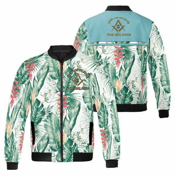 Custom Masonic Bomber Jacket – Tropical Floral Design – Personalized Lodge Name & Location – Freemason Outerwear for Men & Women