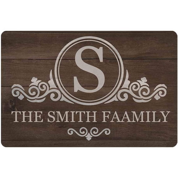 Custom Mat, Personalized Text Printed Doormat Circle Initial Wooden Door Mat Rug Welcome Indoor Outdoor Decor Entrance Mat Non Slip Floor Mat Rug for Living Room 24x16 Inches