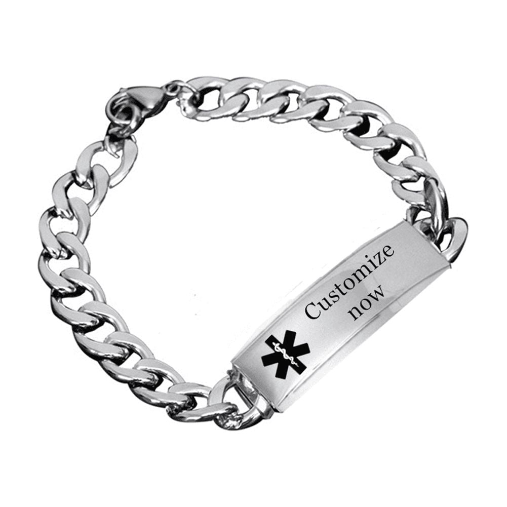 Custom Medical Alert Allergy Awareness Bracelet Stainless Steel Wrist Cuban Chain for Women Men