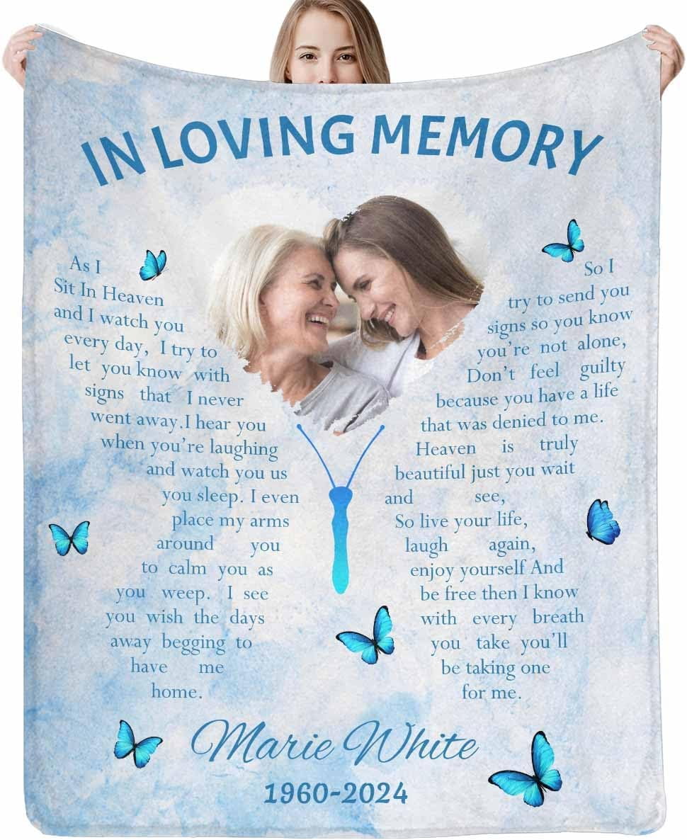 Custom Memorial Blanket with Photos for Loss of Mom Dad Son Daughter