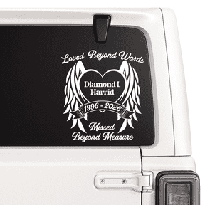 Custom Memorial Car Decal | Angel Wings Heart Design | Personalized Name and Dates | Vinyl Window Sticker