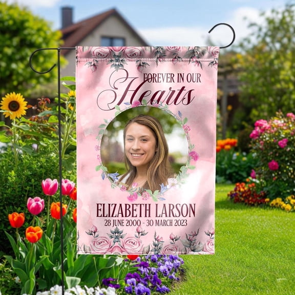 Custom Memorial Garden Flag, Personalized Photo Yard Sign, Forever In Our Hearts Banner, Floral Sympathy Gift, Cemetery Grave Decor