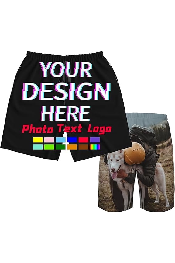 Custom Men's Fun Shorts Personalized Beach Shorts Add Your Own Photo Text Logo Customized Quick Dry Swim Trunks for Running Surfing Daily Outfit Black