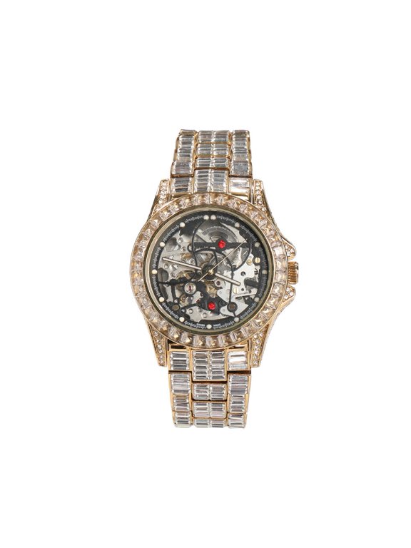 Custom Mens Gold Finish Simulated Diamond Bling Stainless Steel Iced Out Hip Hop Mechanical Baguette Waterproof Luxury Rapper Watch 42mm