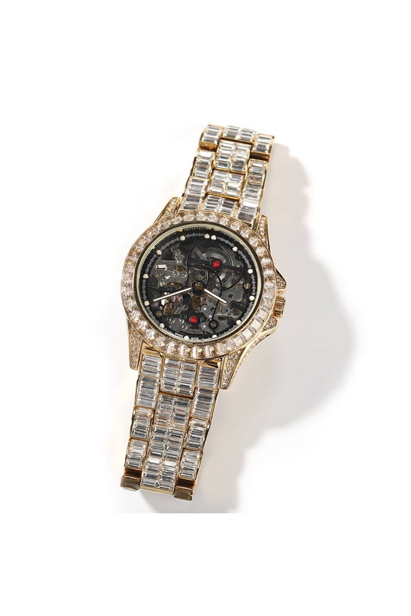 Custom Mens Gold Finish Simulated Diamond Bling Stainless Steel Iced Out Hip Hop Mechanical Baguette Waterproof Luxury Rapper Watch 42mm