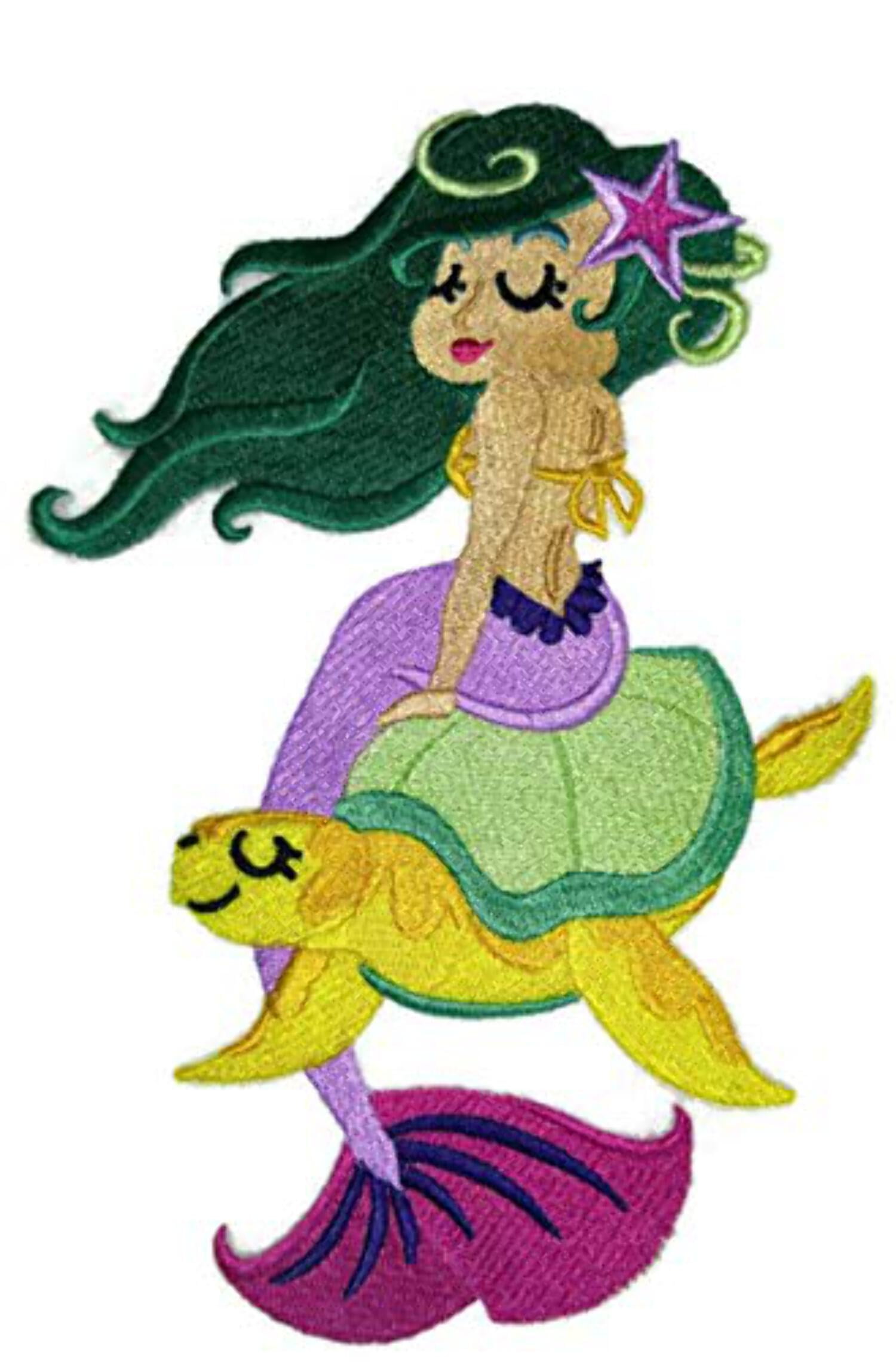 Custom Mermaid On Sea Turtle Embroidery Iron On/Sew Patch [7.81" X 5.29"]