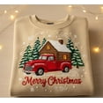 thumbnail image 1 of Custom Merry Christmas Sweatshirt – Embroidered Red Truck & Cabin Winter Scene – Holiday Cozy Crewneck, 1 of 4