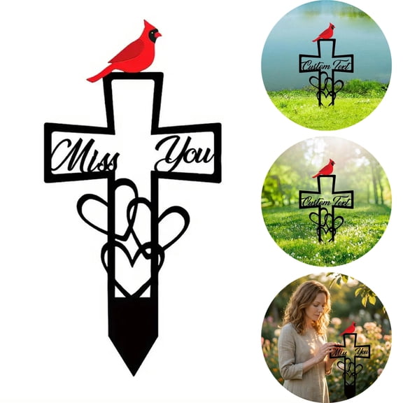 Custom Metal Cardinals Sign Cross Shape Heart， Metal Garden Pegboard, Memorial Gift, Condolence Gift, for Remembering Deceased