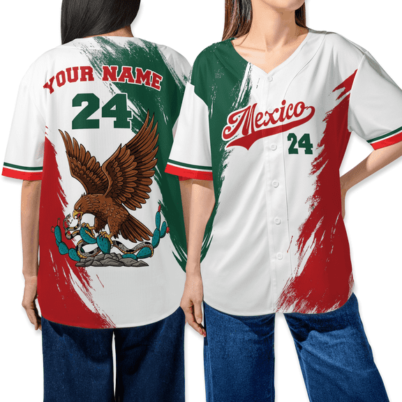 Custom Mexico Baseball Jersey - Personalized Mexican Flag Shirt with Name & Number - Eagle Snake Design - Unisex Fan Sports Jersey