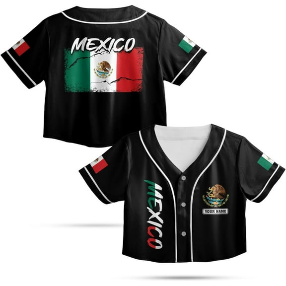 Custom Mexico Flag Crop Top Baseball Jersey Shirt Woman Playeras De Mexico 3D Personalized Mexican Jersey Shirts for Women (3XL)