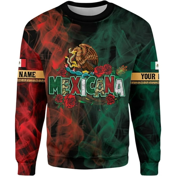 Custom Mexico Shirts Personalized Name Mexican 3D Flag Shirt for Men Women Aztec Unisex Short Sleeves US Eagle Pride Camisas (Polyester, Q1) (Sweatshirt, 3XL)