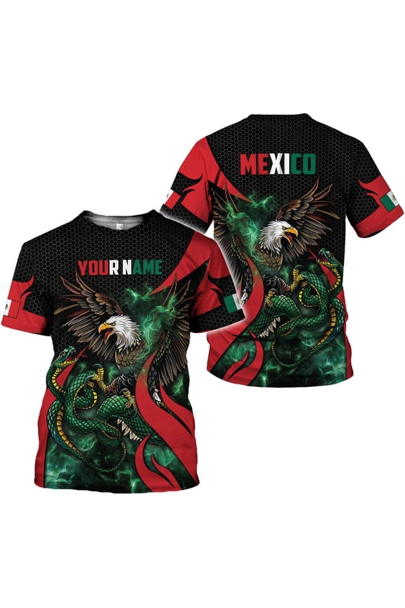 Custom Mexico Shirts Personalized Name Mexican 3D Flag Shirt for Men Women Aztec Unisex US Eagle Pride Camisas (T-shirt, 5XL)