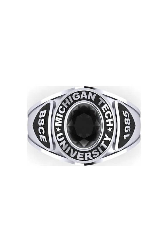 Custom Michigan Tech University Class Ring Personalized Graduation Year Black Onyx Oval Stone BSCE Engraved 1985 925 Sterling Silver