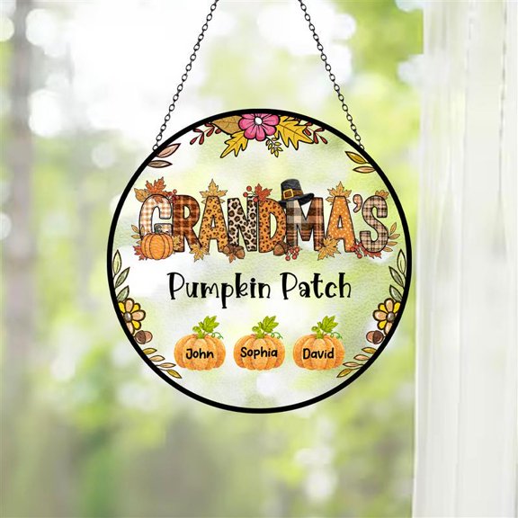 Custom Mimi's Pumpkin Patch Suncatcher - Personalized Halloween Stained Glass Art - Autumn Fall Festival Window Decor