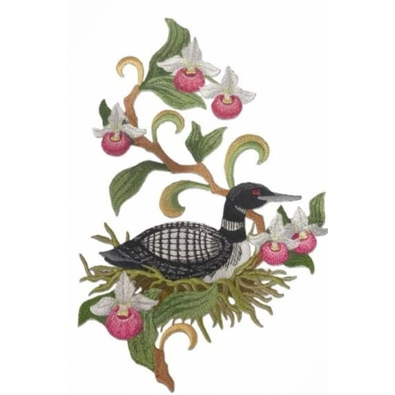 Custom Minnesota Common Loon and Showy Lady Slipper Medley Bird Embroidery Iron On/Sew Patch - Beyond Vision (7" x 10.67")
