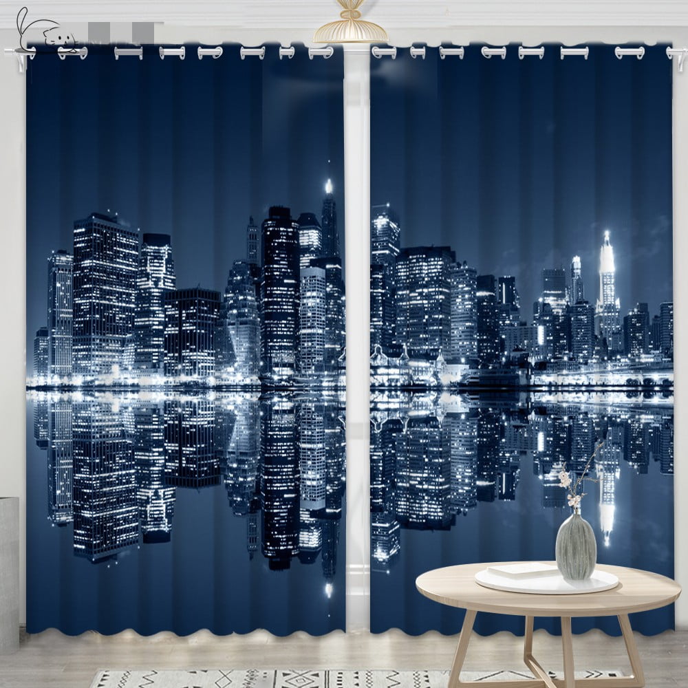 Custom Modern Black and White City Night View Architectural Curtain New ...