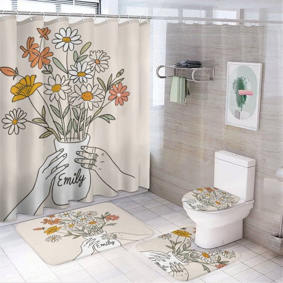 Custom Mom Floral 4Pcs Shower Curtain Set with Rugs with Non-Slip Rugs Toilet Lid Cover And Bath Mat Mom Mommy Flower Waterproof Personality Pattern Bath Curtain for Bathroom Decor Set