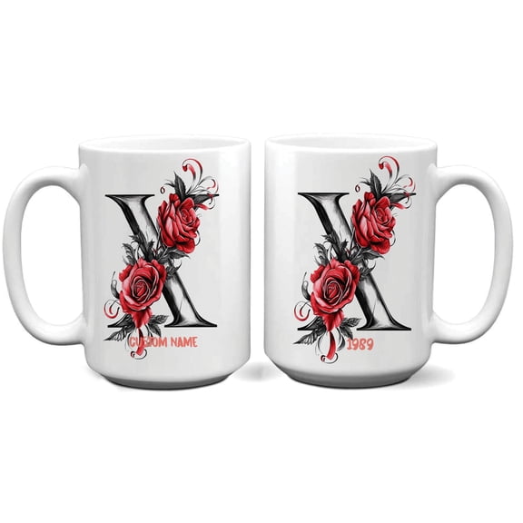 Custom Monogram Coffee Mug with Initial X for Women, Personalized Name Cup for Birthday, Mother's Day, Father's Day, Office Use, or Everyday Beverage – 11oz 15oz Ceramic Mug