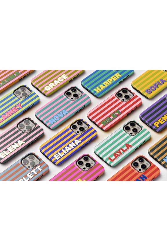 Tough 2 Layer Shockproof Protective Case Compatible with iPhone 17, Custom Monogram Striped Personalized Initial Design